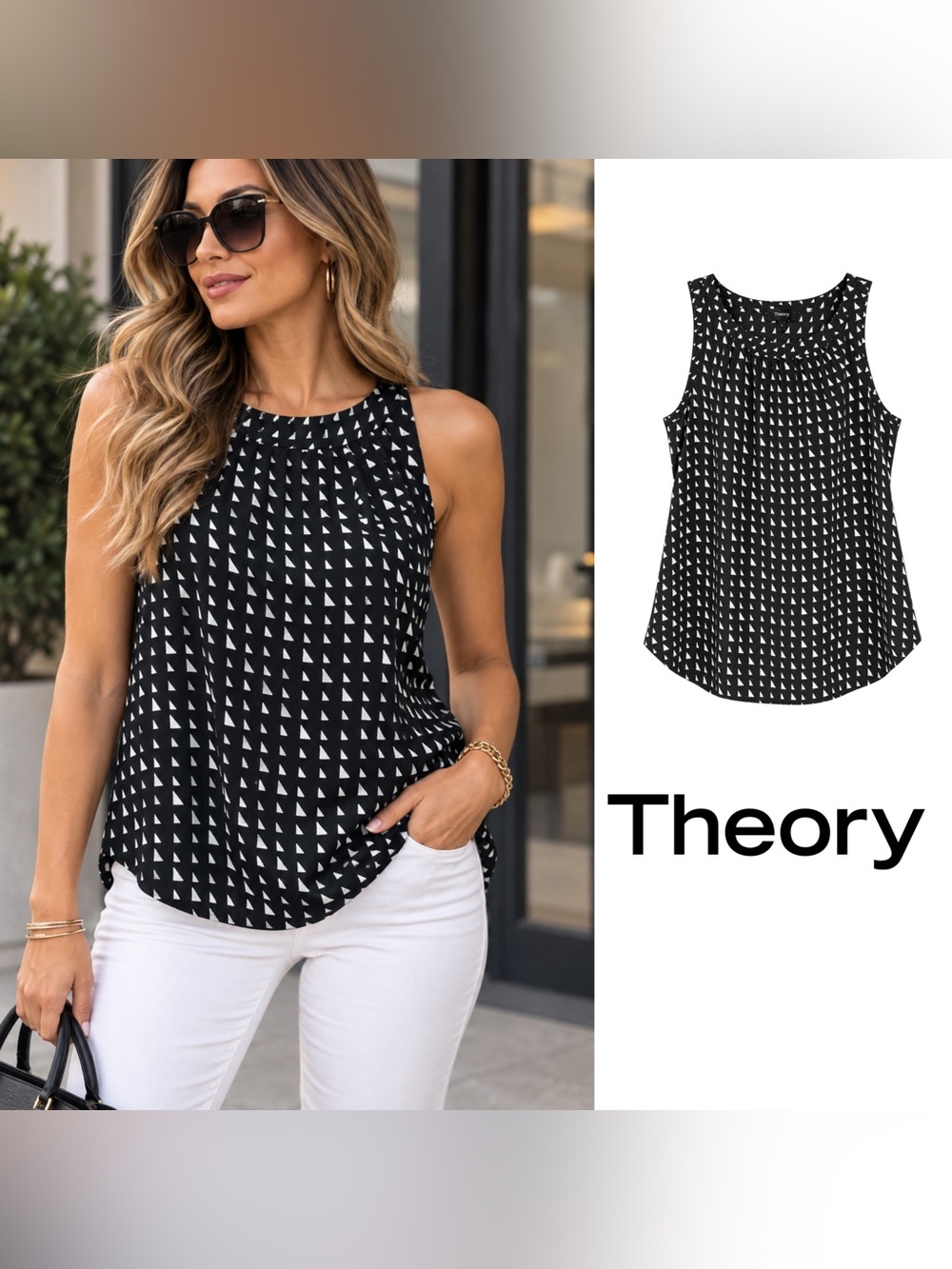 Theory Sleeveless Black Striped Twill Geo Print Cami Top
